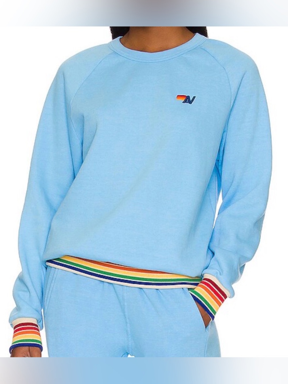 Aviator Nation Light Blue Crewneck Sweatshirt with Rainbow Trim. Size Small.